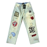 MIXED EMOTION Patchwork Graphic Straight-Leg Jeans