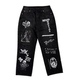 MIXED EMOTION Dual Graphic Distressed Denim Jeans
