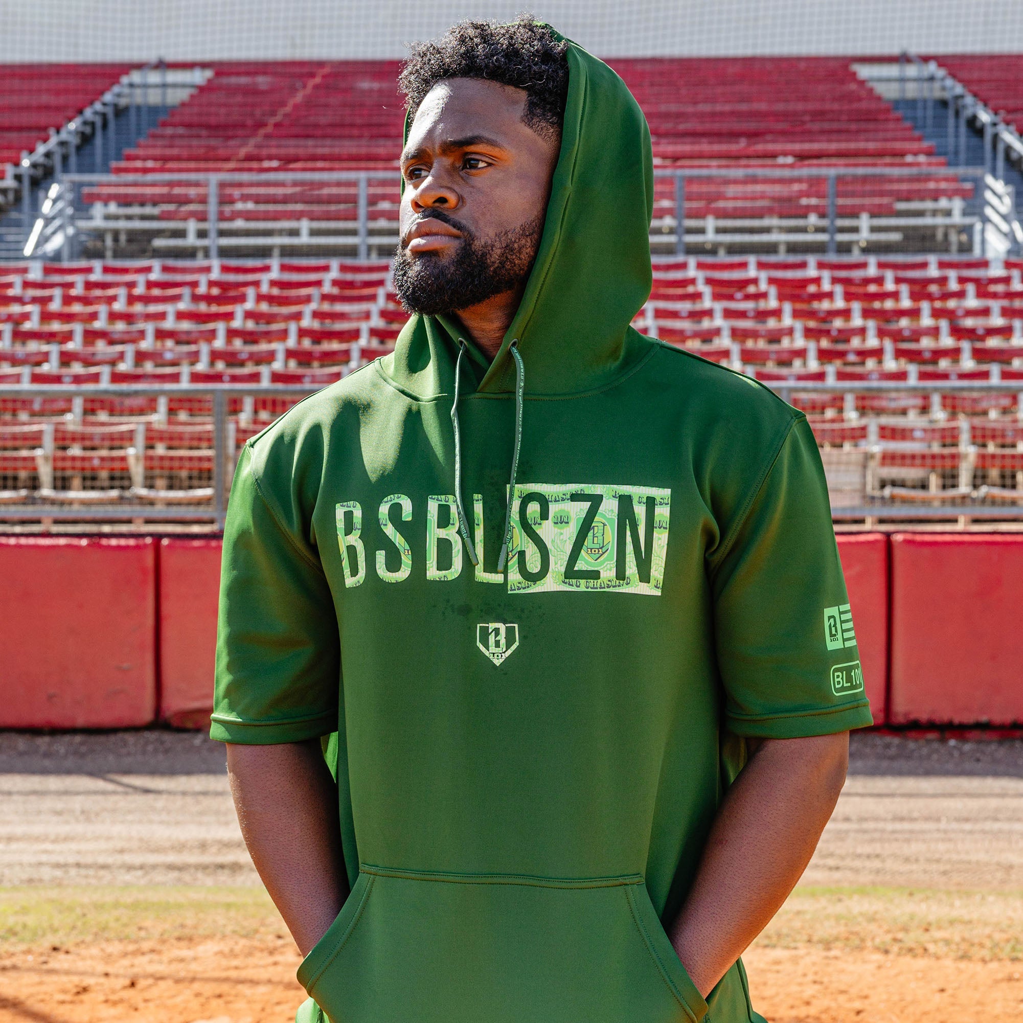 BSBL-SZN Youth Short Sleeve Hoodie V3 - Dark Green/Bag Chaser