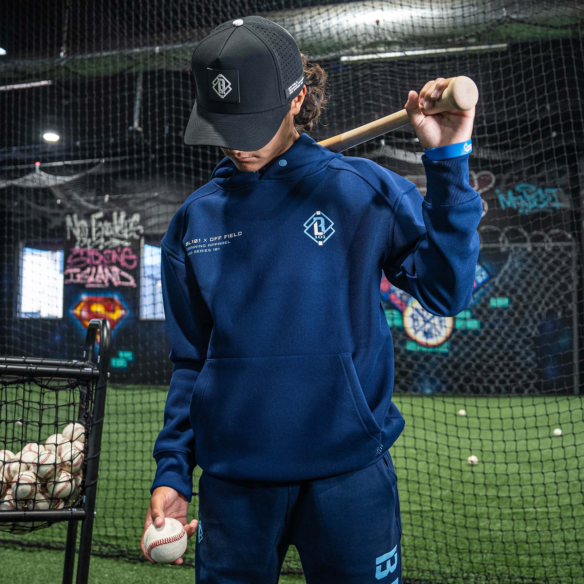 Off-Field Waffle Performance Youth Hoodie - Navy/Light Blue