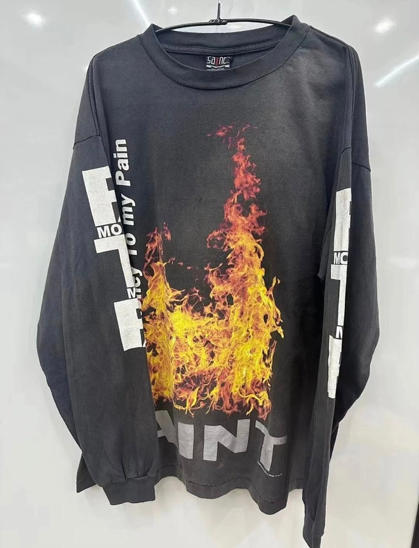 Saint Michael Fire Graphic & Sleeve Print Sweatshirt