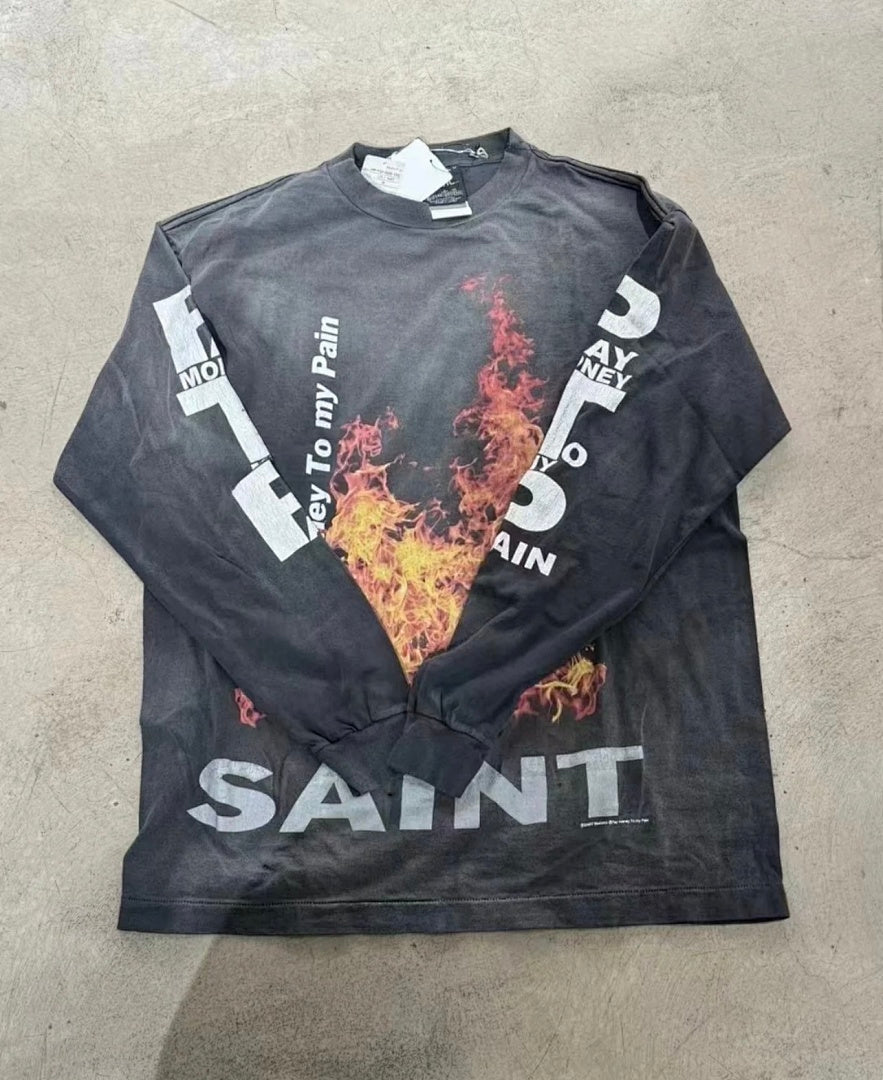 Saint Michael Fire Graphic & Sleeve Print Sweatshirt