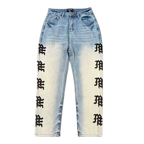 MIXED EMOTION Repeated Letter Side Graphic Jeans