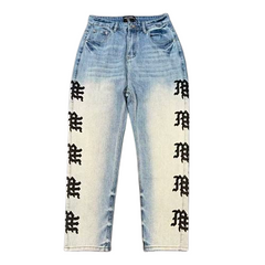 MIXED EMOTION Repeated Letter Side Graphic Jeans