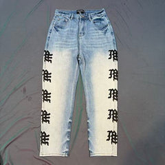 MIXED EMOTION Repeated Letter Side Graphic Jeans