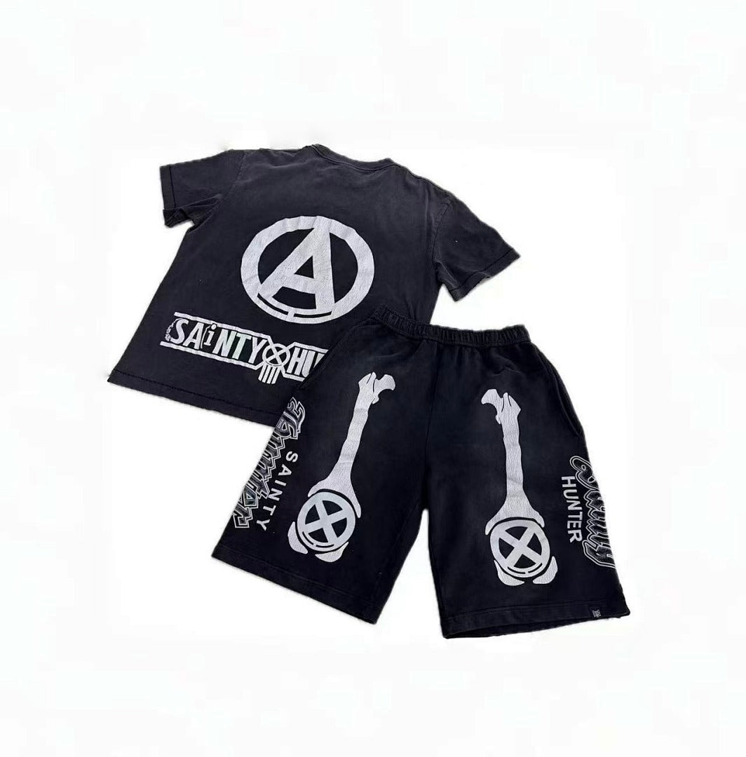 Saint Michael Skeleton Bone Print Anarchy Graphic Sweat Shorts