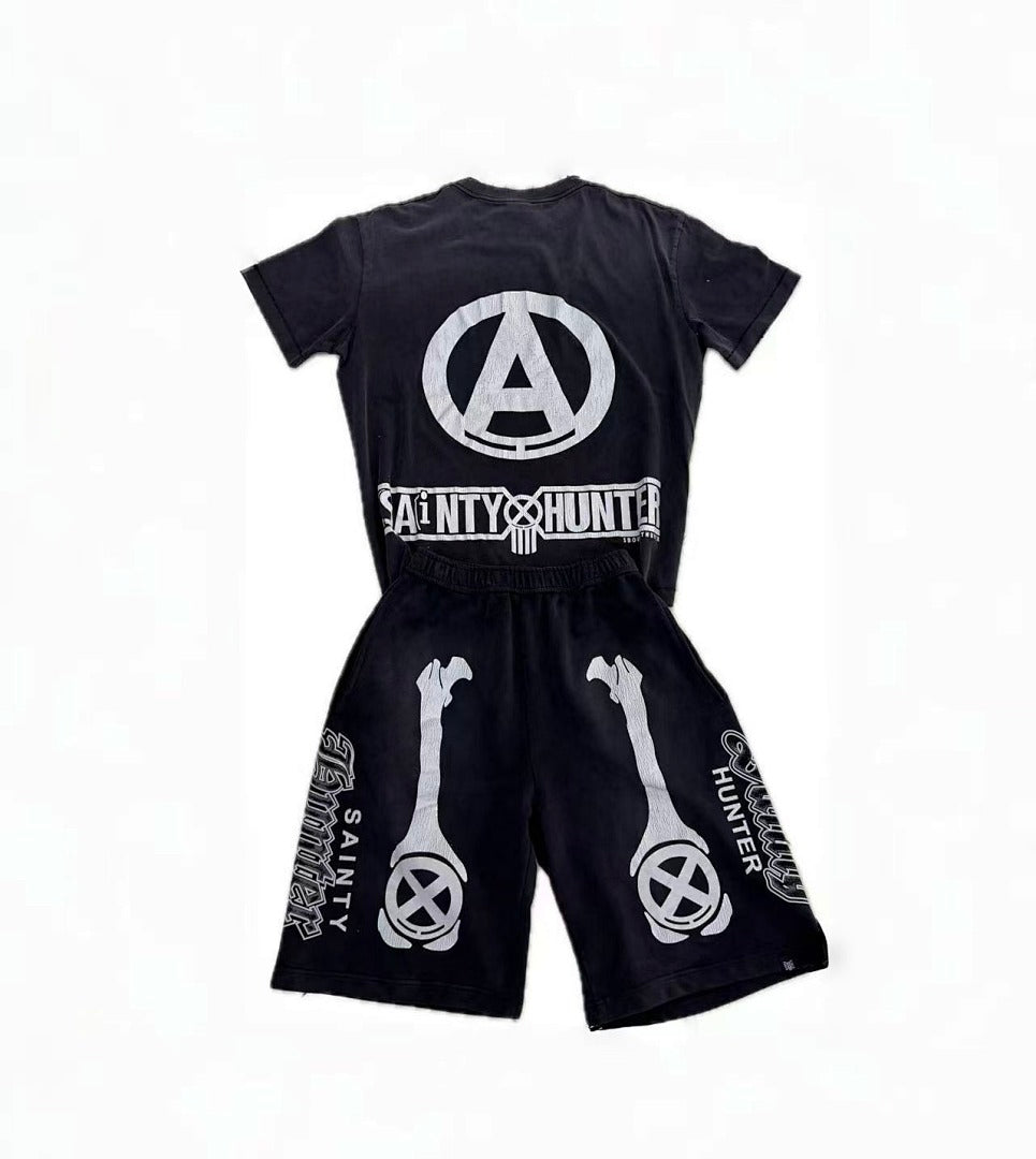 Saint Michael Skeleton Bone Print Anarchy Graphic Sweat Shorts