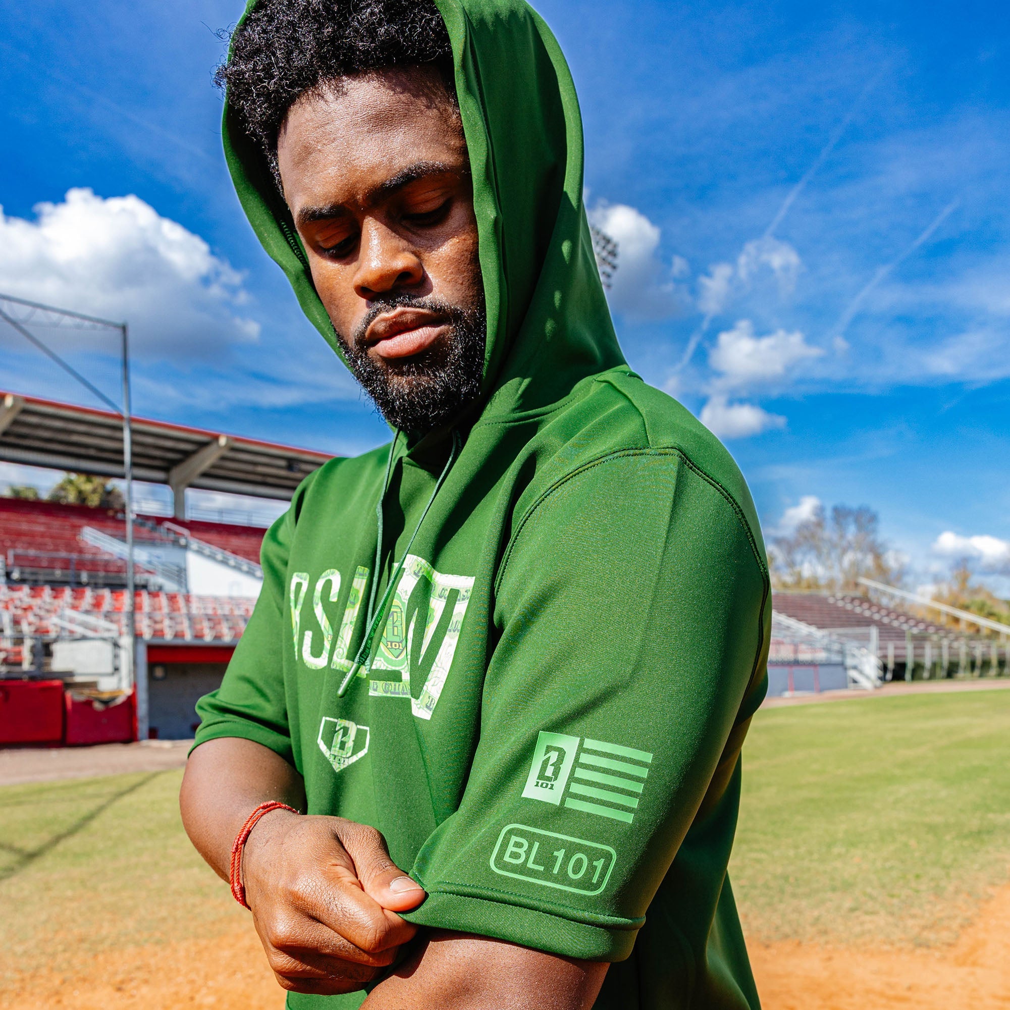BSBL-SZN Youth Short Sleeve Hoodie V3 - Dark Green/Bag Chaser