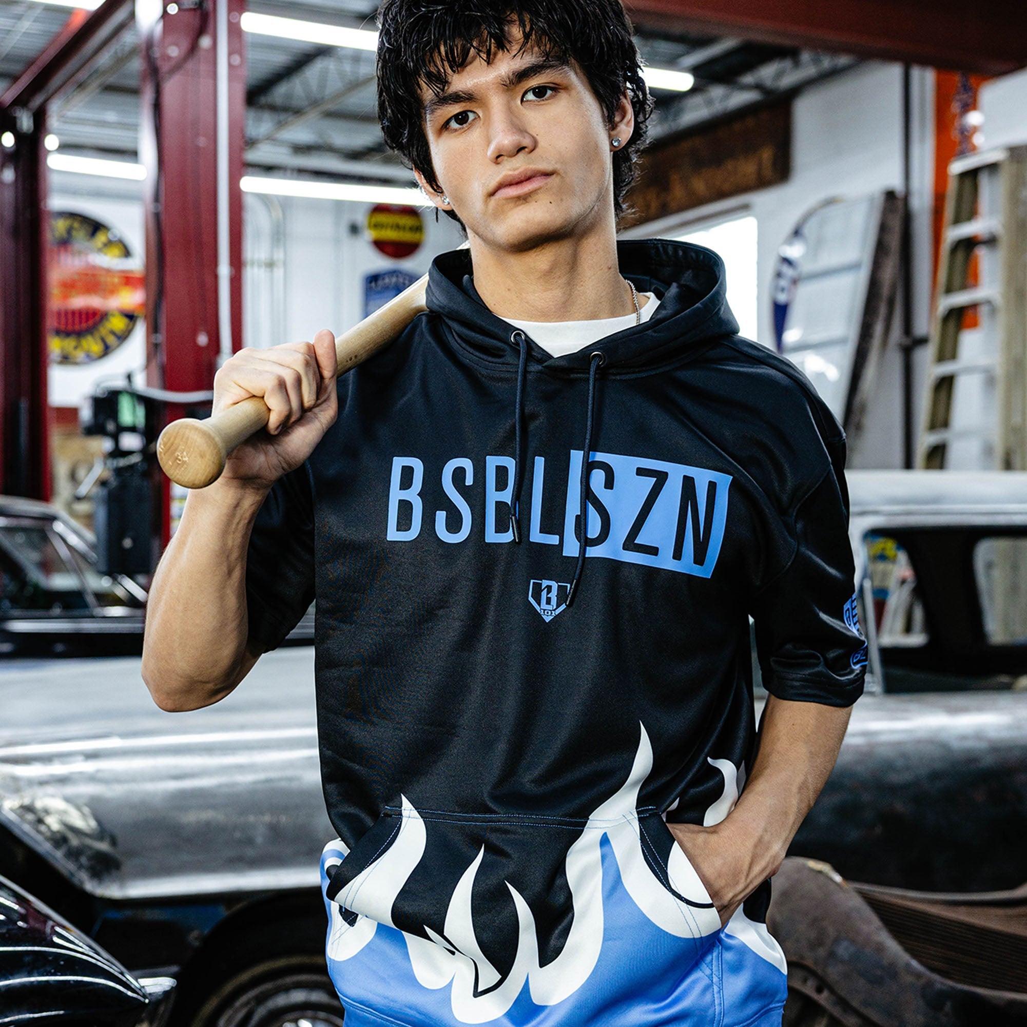 BSBL-SZN V2 Short Sleeve Hoodie - Flames Blue