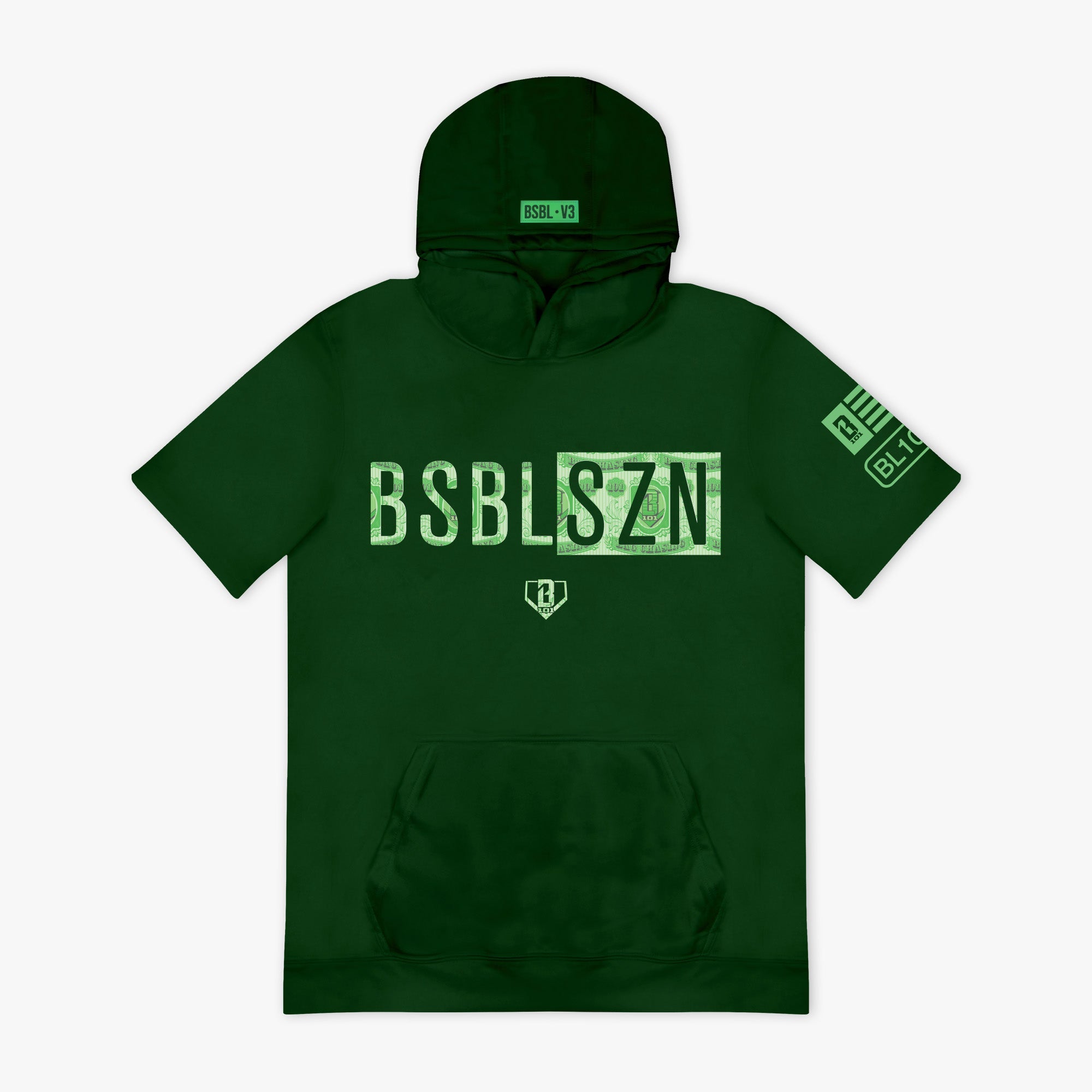 BSBL-SZN Youth Short Sleeve Hoodie V3 - Dark Green/Bag Chaser