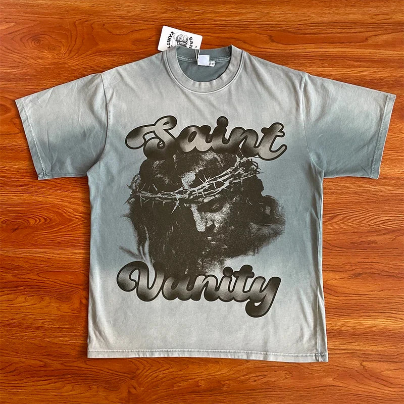SAINT VANITY Washed Antique Portrait Print Casual Short-Sleeved T-Shirt