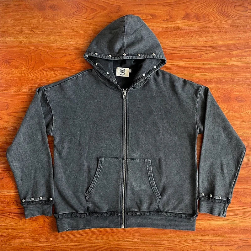 SAINT VANITY ins same style washed water distressed rivet hooded sweatshirt