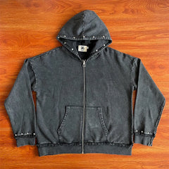 SAINT VANITY ins same style washed water distressed rivet hooded sweatshirt
