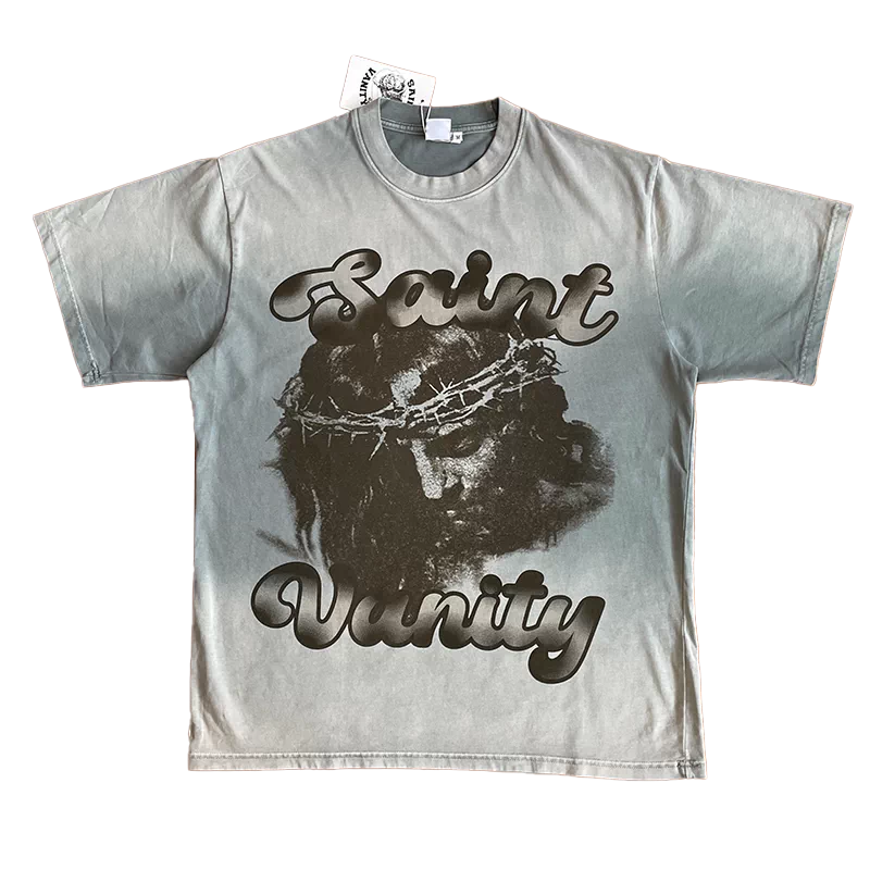 SAINT VANITY Washed Antique Portrait Print Casual Short-Sleeved T-Shirt