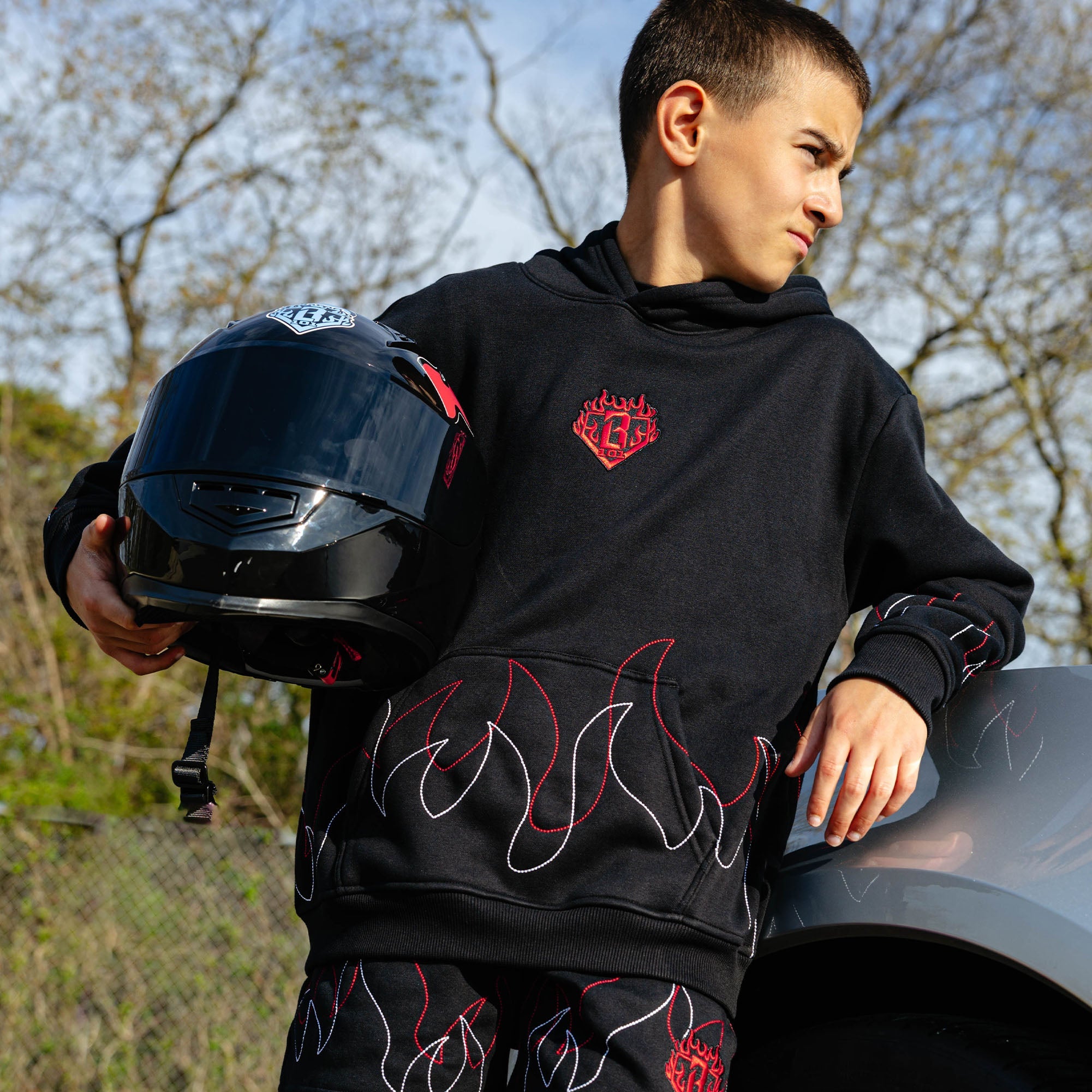Flames Stitched Youth Hoodie