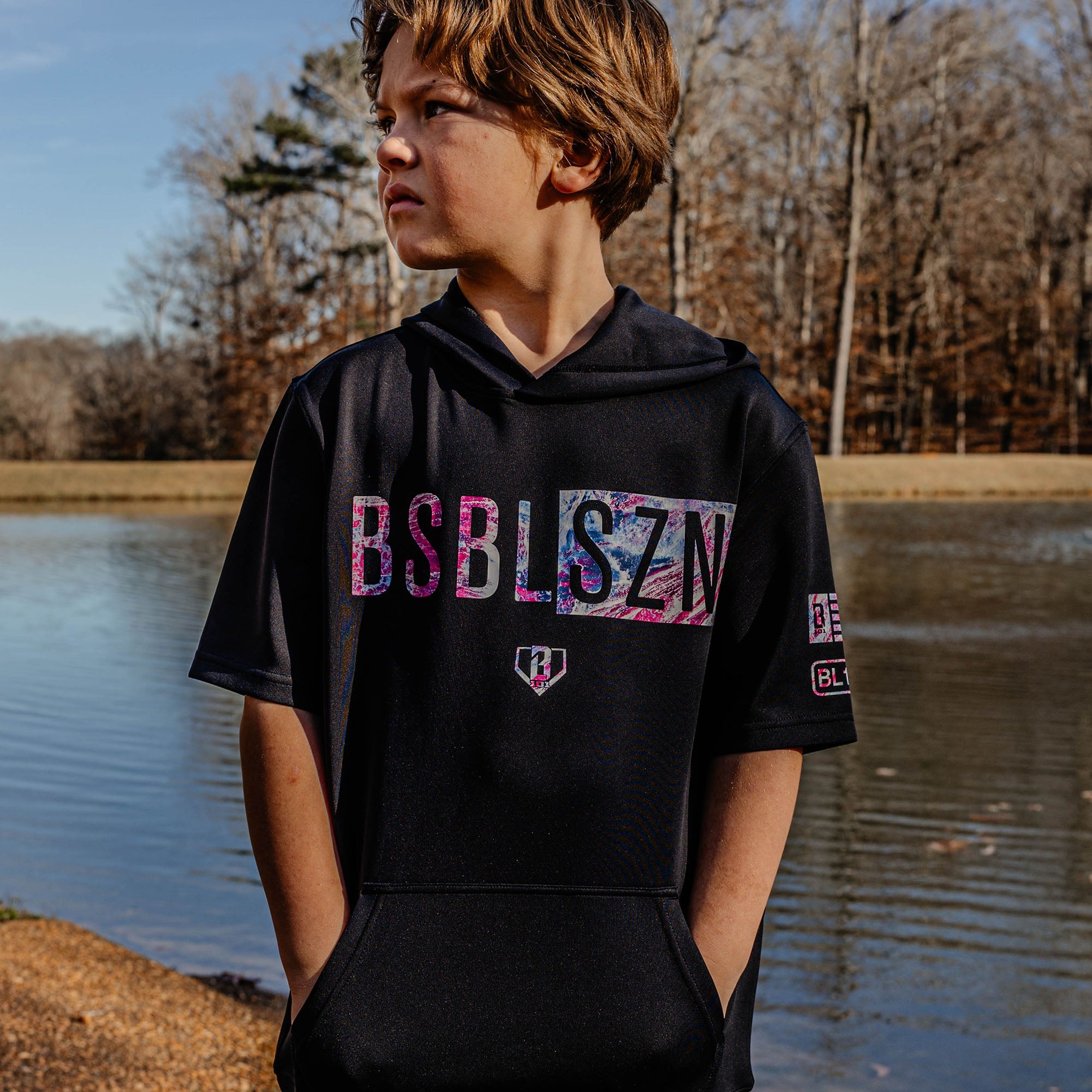Realtree BSBL-SZN Short Sleeve Youth Hoodie V3 - Black/Aspect Blue