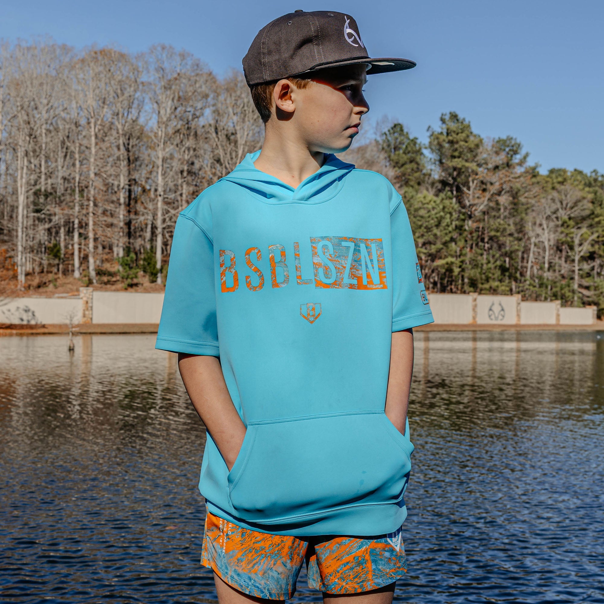 Realtree BSBL-SZN Short Sleeve Youth Hoodie V3 - Bright Blue/Aspect-Orange
