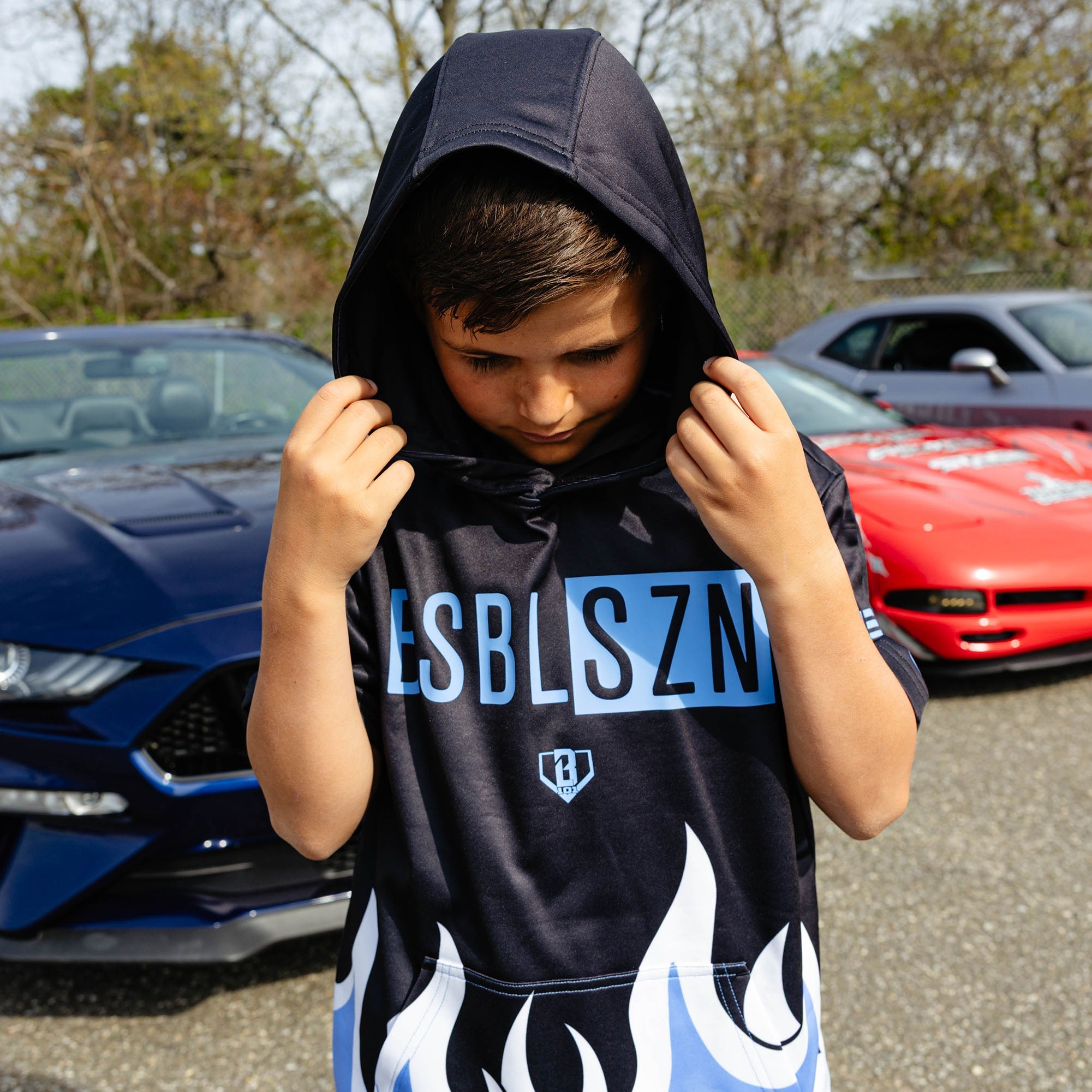 BSBL-SZN V2 Short Sleeve Youth Hoodie - Flames Blue